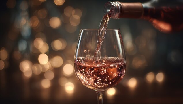 A close up shot of red wine being poured from a bottle into a crystal glass with a beautiful blurred golden bokeh background