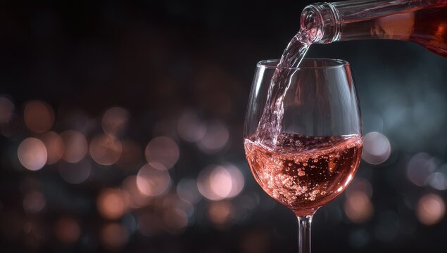A glass of rose wine being poured from a bottle against a dark background with festive colorful bokeh lights for celebration
