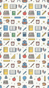 Colorful and playful school-themed vector pattern featuring various educational items like books, pencils, and clocks, perfect for backgrounds or stationery designs.