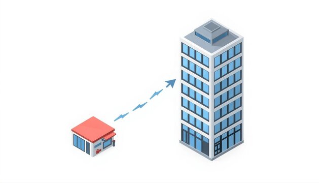 Isometric illustration of a small building being connected to a large skyscraper with a directional arrow symbolizing communication or data transfer isometric building skyscraper connection