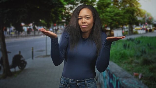 Woman with hands raised in a shrug on a street, wearing a blue long sleeve shirt and jeans, open palms visible, neutral expression; uncertainty.