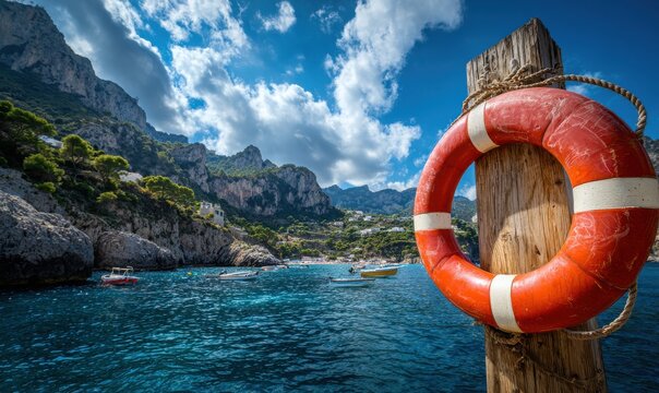 A bright orange lifebuoy hanging on a wooden post overlooking a beautiful mediterranean rocky coastline with deep blue sea and summer clouds