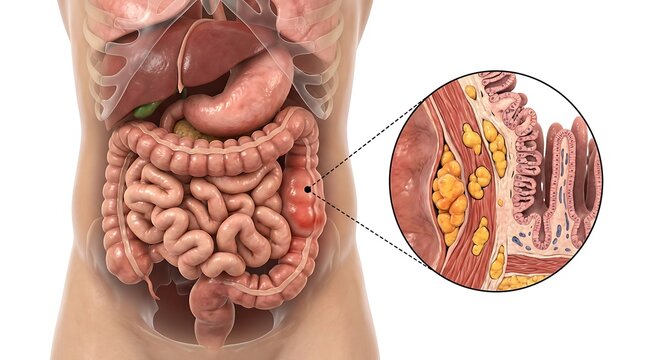 3d medical illustration of diverticulitis showing inflammation and infection of the colon with a magnified crosssection view of the intestinal wall