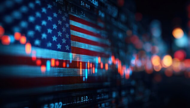 Abstract background featuring the united states flag combined with glowing digital financial stock market charts and data analysis for economic growth and investment concepts
