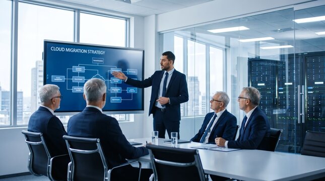 Business professional presenting a cloud migration strategy to a team of executives in a modern office boardroom.