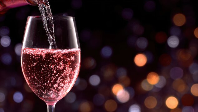 A glass of sparkling rose wine being poured against a dark background with festive colorful bokeh lights for a celebration or party atmosphere