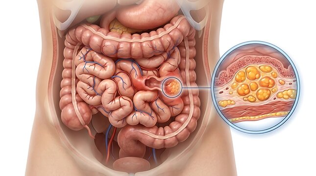 Medical illustration of diverticulitis showing inflamed diverticula in the small intestine