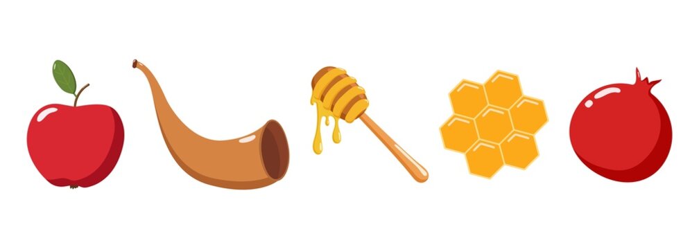 Rosh Hashanah symbols illustration with apple, shofar, honey dipper, honeycomb, and pomegranate