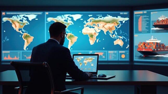 Sala de control de la cadena de suministro con grandes pantallas de monitoreo que muestran los movimientos de buques de carga