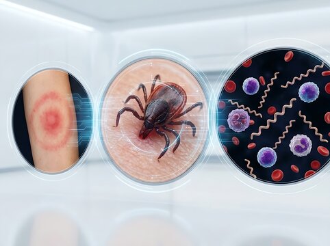 Lyme disease progression bullseye rash, tick vector, and borrelia burgdorferi spirochete bacteria in human blood