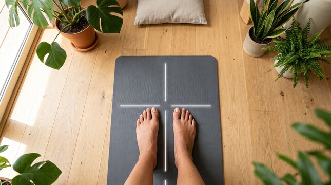 Bare Feet Standing on Smart Fitness Mat with Glowing LED Alignment Lines