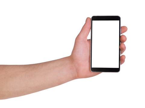 Hand holding smart phone with blank screen isolated on transparent or white background	