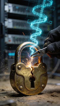 Cyber security breach with broken padlock glowing binary data stream and server background