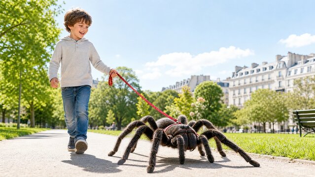 Surreal high-key photo of a child walking a giant tarantula spider in a sunny city park. Playful distorted scale humor for urban and nature concepts.