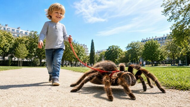 Surreal high-key photo of a child walking a giant tarantula spider in a sunny city park. Playful distorted scale humor for urban and nature concepts.