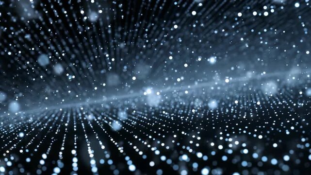 Mesmerizing array luminous particles floats in dark digital space, forming virtual grid. Conveys modern, high tech atmosphere with sense endless possibilities, connectivity