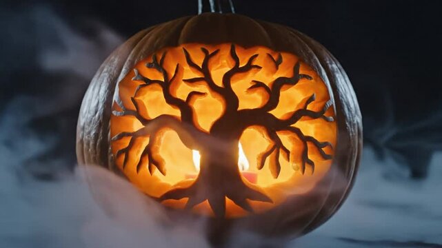 Glowing jack o lantern with tree carving and eerie swirling smoke