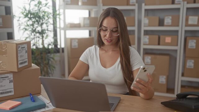 Woman holding phone while processing parcels and working on laptop in delivery building; small business focused.