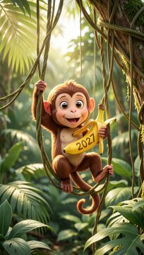 Playful Monkey Holding 2024 Banner In Jungle.