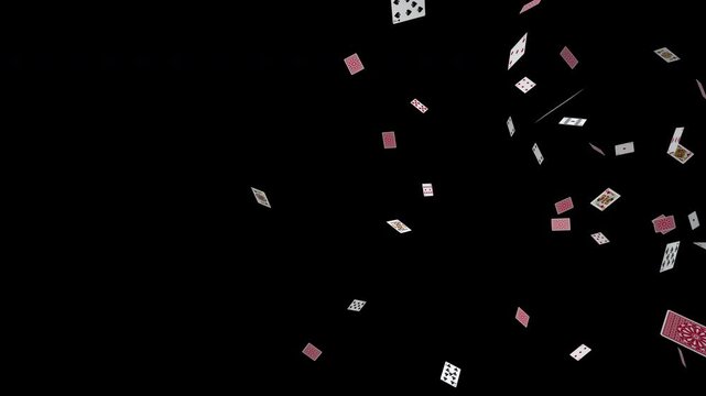 playing cards flying and spinning across screen,4K loop animation 3d with alpha mask