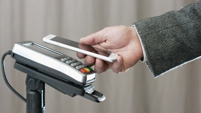 Contactless payment with smartphone on modern wireless reader terminal for secure retail shopping transaction in 4K Ultra HD footage
