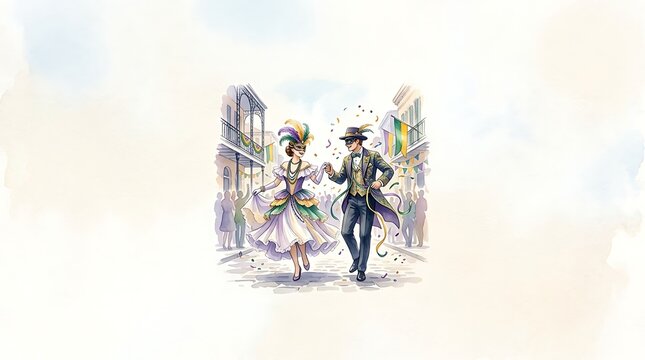 Elegant couple dancing during a vibrant carnival street celebration