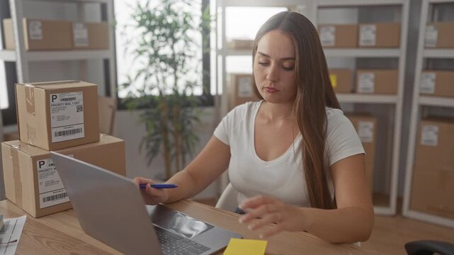 Woman writing on sticky note with pen at desk in office with stacked parcels and laptop visible; small business focus.