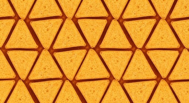 Geometric Pattern of Golden Toast Triangles on Brown Background