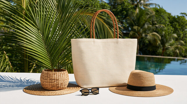 Summer beach accessories including bag, hat, and sunglasses beside pool  