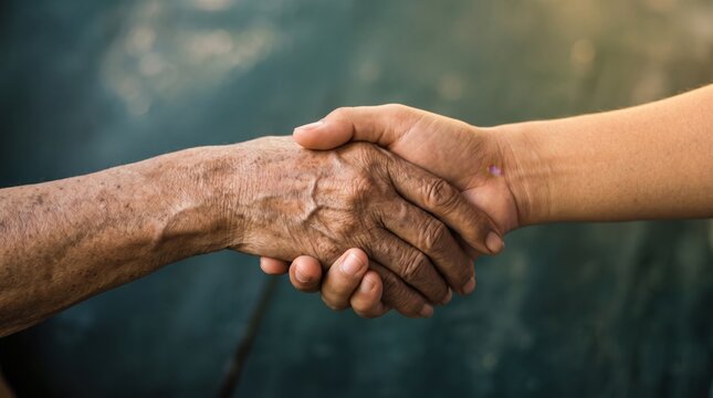 Close up of elderly wrinkled hand holding young smooth hand, generation gap connection, family support, love and care, helping gesture, human relationship, emotional bond between