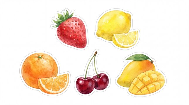 Watercolor fruit stickers set with strawberry, lemon, orange, cherry, and mango. Hand painted summer fruit illustrations. Tropical food icons on white background.
