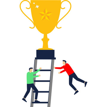 Businessman pushing rival off ladder near trophy, competition and rivalry concept