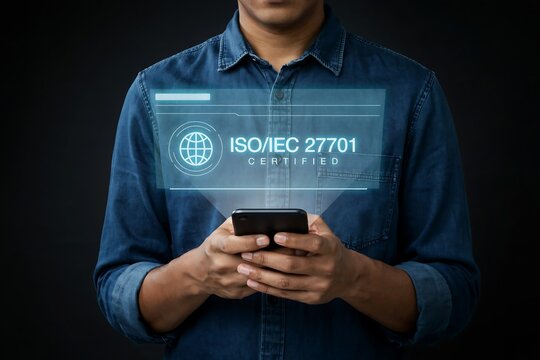 Person holding a smartphone displays the iso/iec 27701 certified badge, representing privacy information management certification.