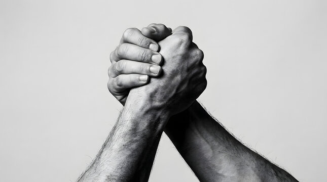 Black and White Hands Clasped Together in Firm Grip Symbolizing Unity, Strength, Partnership, and Support