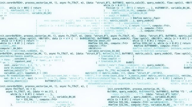 Programming code scrolls across a bright screen in shades of soft blue light.
