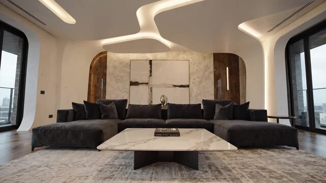 Modern Luxury Living Room with Curved Ceiling and Panoramic Windows