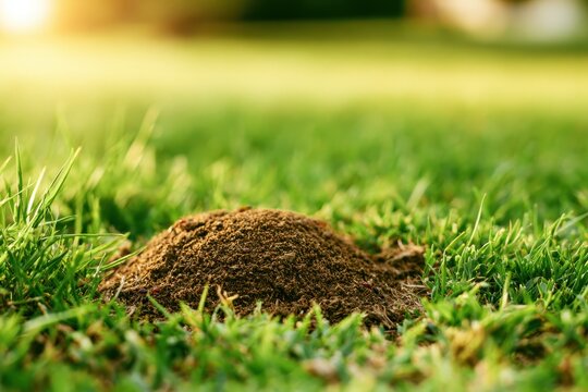 Close-up view of a grassy field ant mound with clear right-side text space