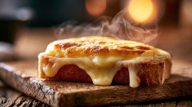 Close-up Welsh rarebit sandwich with melted cheese on a rustic wooden board, selective focus