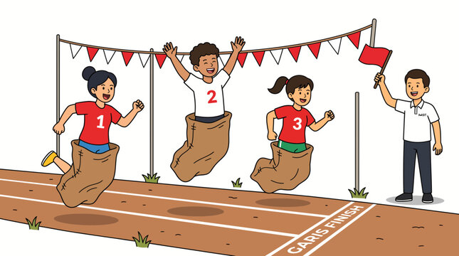 Children playing sack race at school sports day. Kids jumping in bags at finish line.