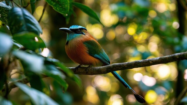 Close-up wildlife study of a tropical bird on a branch with dappled sunlight
