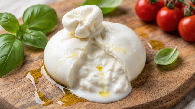 Fresh burrata cheese with creamy interior, basil, and cherry tomatoes