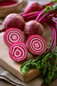Colorful Chioggia beets and beet greens in a farm-to-table style still life