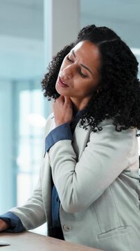 Business, woman and tired in office with neck pain, bad posture or burnout from paralegal job stress. Exhausted, person or lawyer in workplace with fatigue, muscle inflammation or massage for relief.