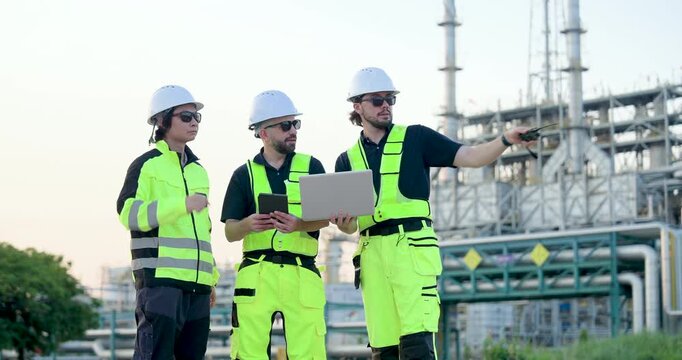 Female engineer speaks on walkietalkie while male technician reviews tablet and laptop, managing refinery safety inspection, pipeline risk check, maintenance audit, field coordination onsite.