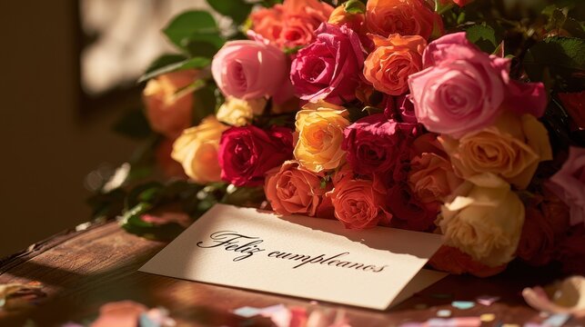 Colorful rose bouquet frames a Feliz cumpleanos birthday card on a warm tabletop