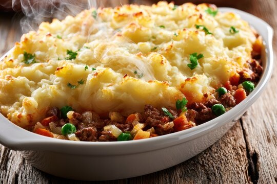 Comforting beef mince casserole, potatoes on top, overhead photograph with warm kitchen lighting