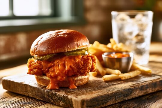 Comfort food photograph: vibrant orange Nashville hot glaze on a juicy crispy chicken sandwich