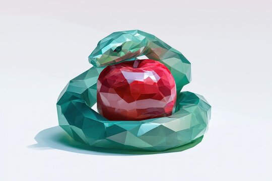 Contemporary digital art of a polygonal serpent with a fruit in a vibrant composition