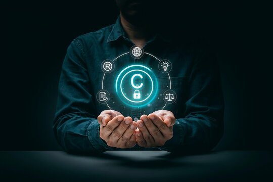 Person holds their hands out, presenting a glowing copyright symbol within a circle of icons.