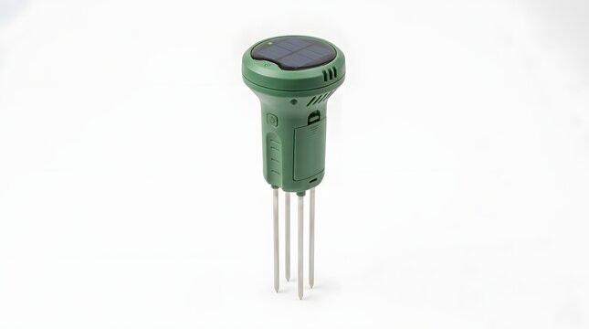 Green soil moisture sensor with metal probes standing on white background